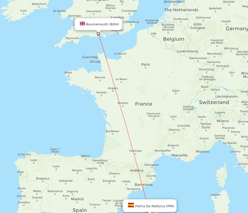 Bournemouth - Palma de Mallorca route map and flight paths