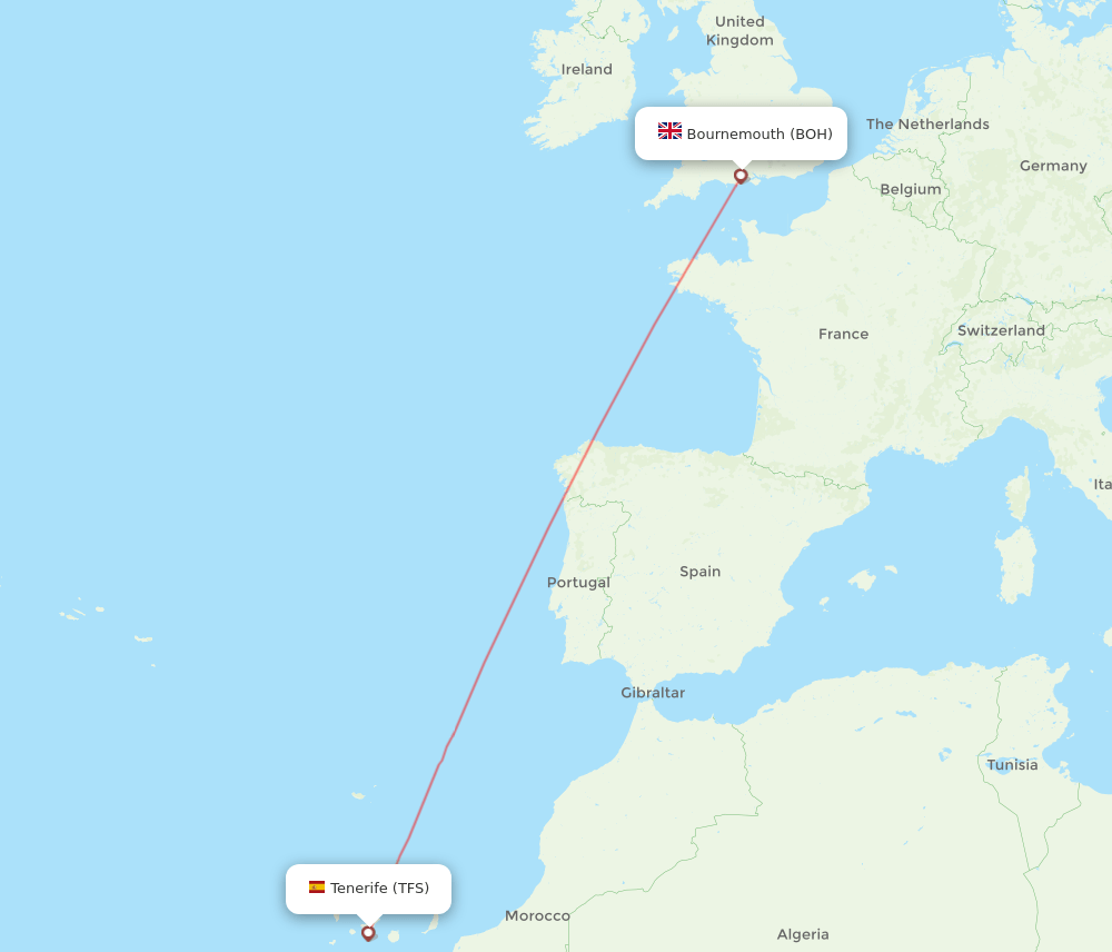 Bournemouth - Tenerife route map and flight paths