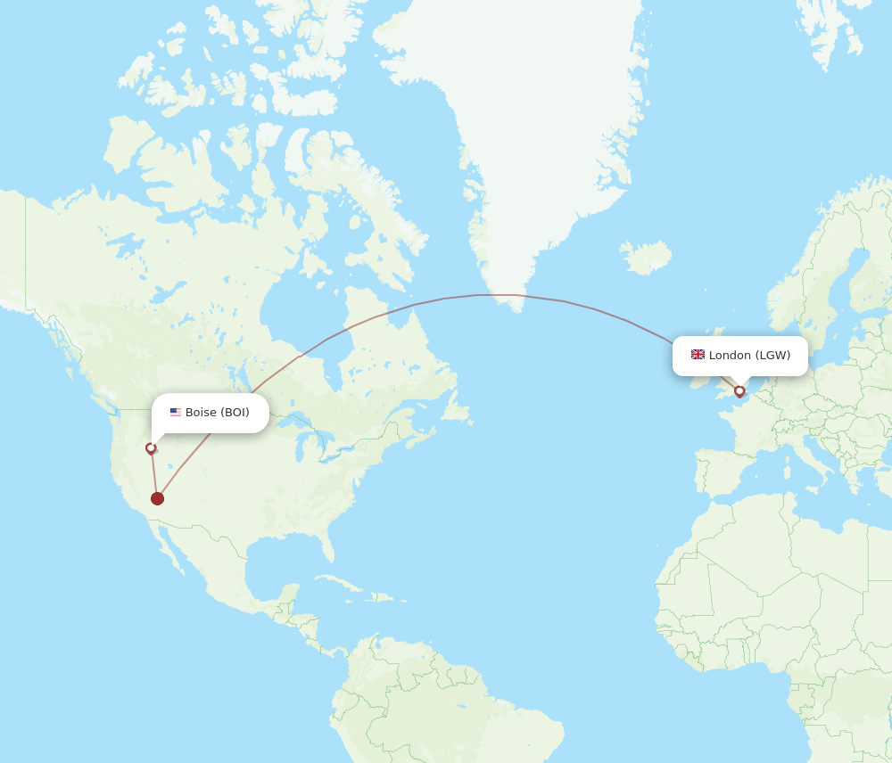 Boise - London route map and flight paths