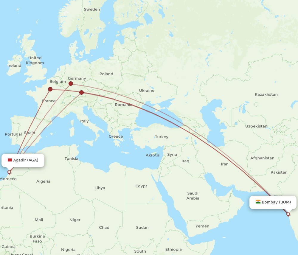 BOM to AGA flights and routes map