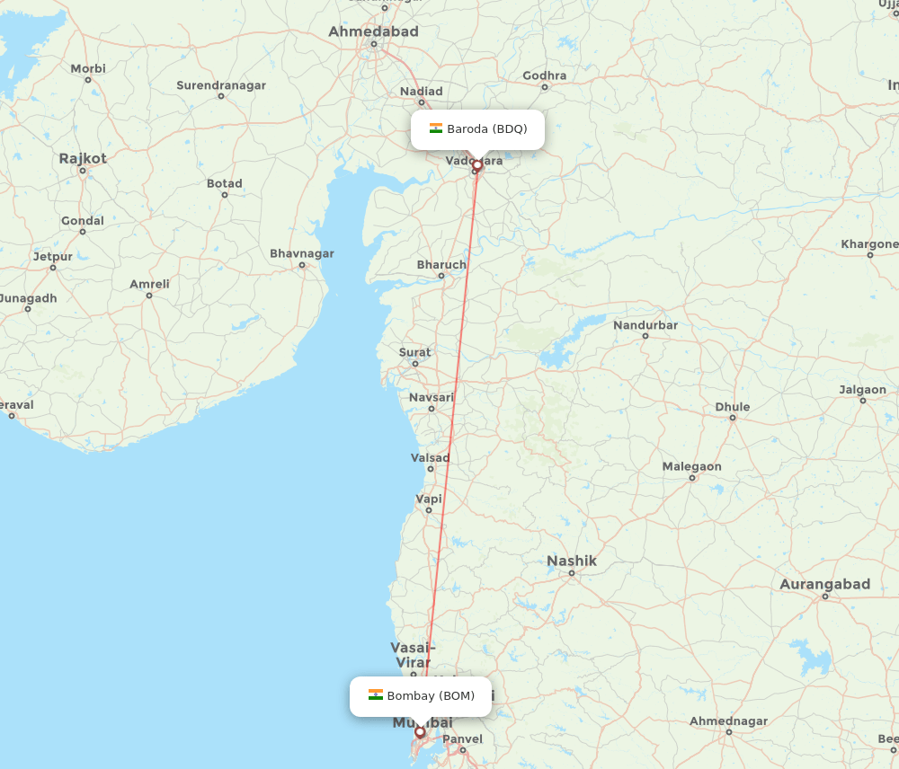 Mumbai - Vadodara route map and flight paths