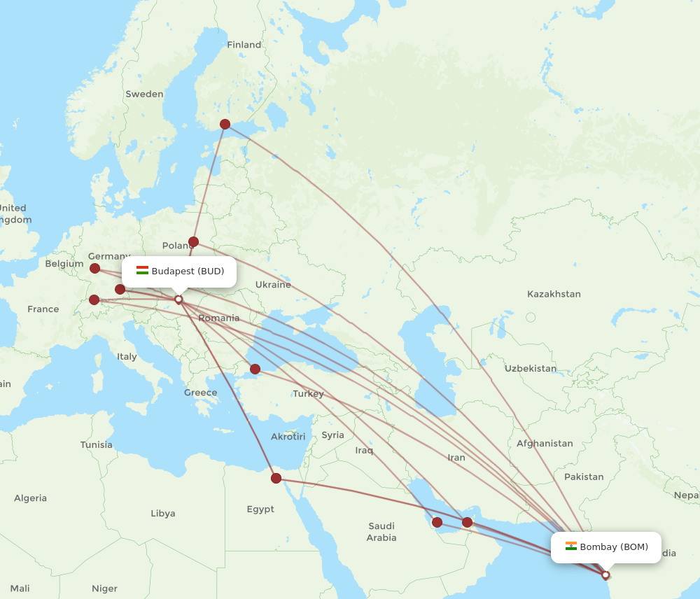 BOM-BUD flight routes