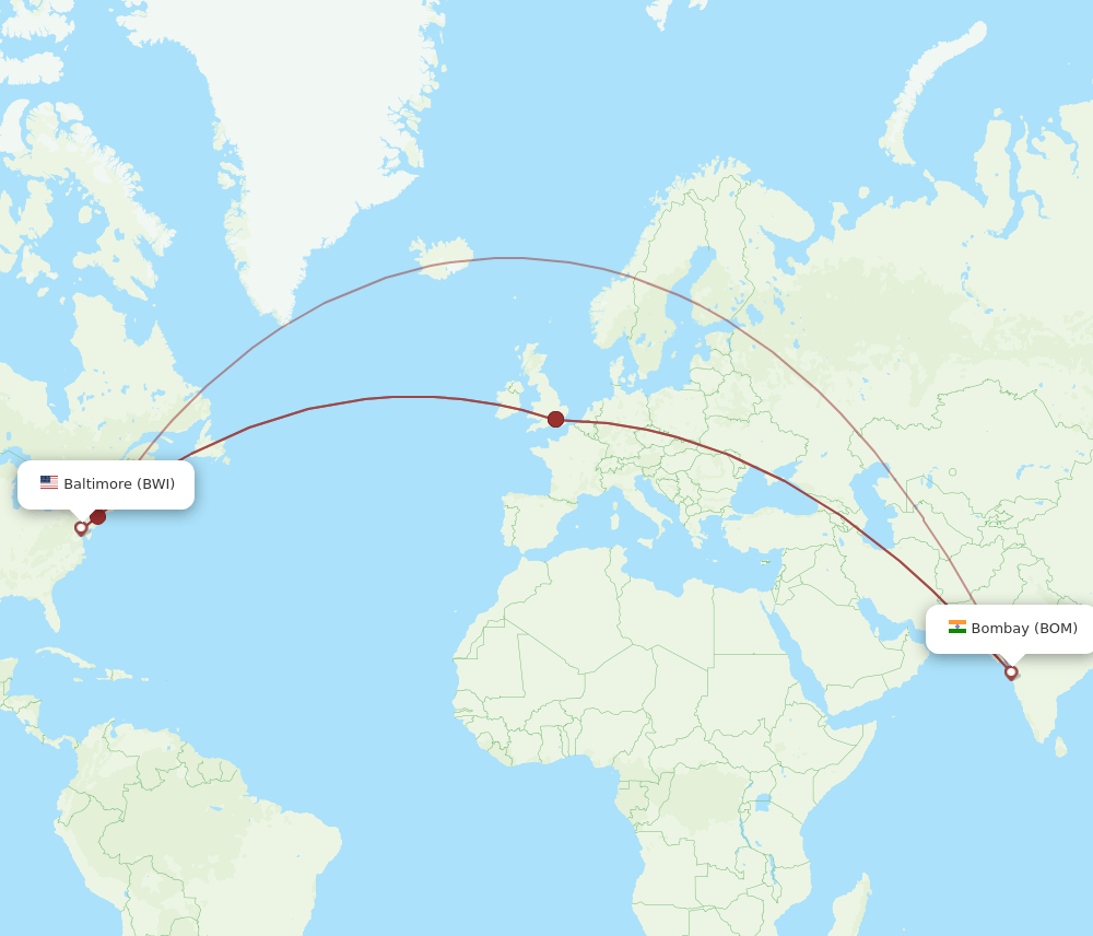 BOM to BWI flights and routes map