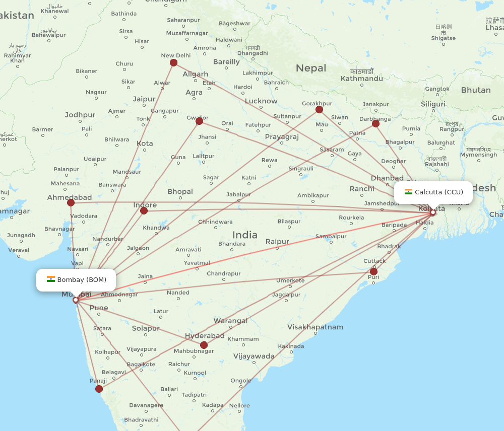 BOM to CCU flights and routes map