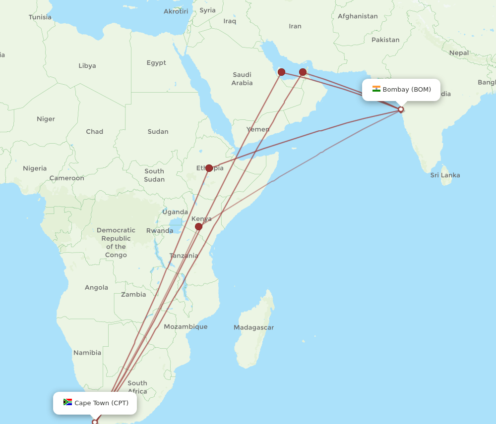 BOM to CPT flights and routes map