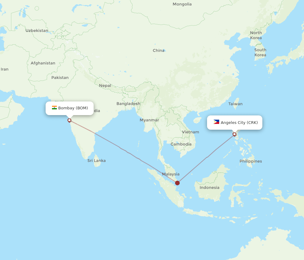 Angeles - Mumbai route map and flight paths
