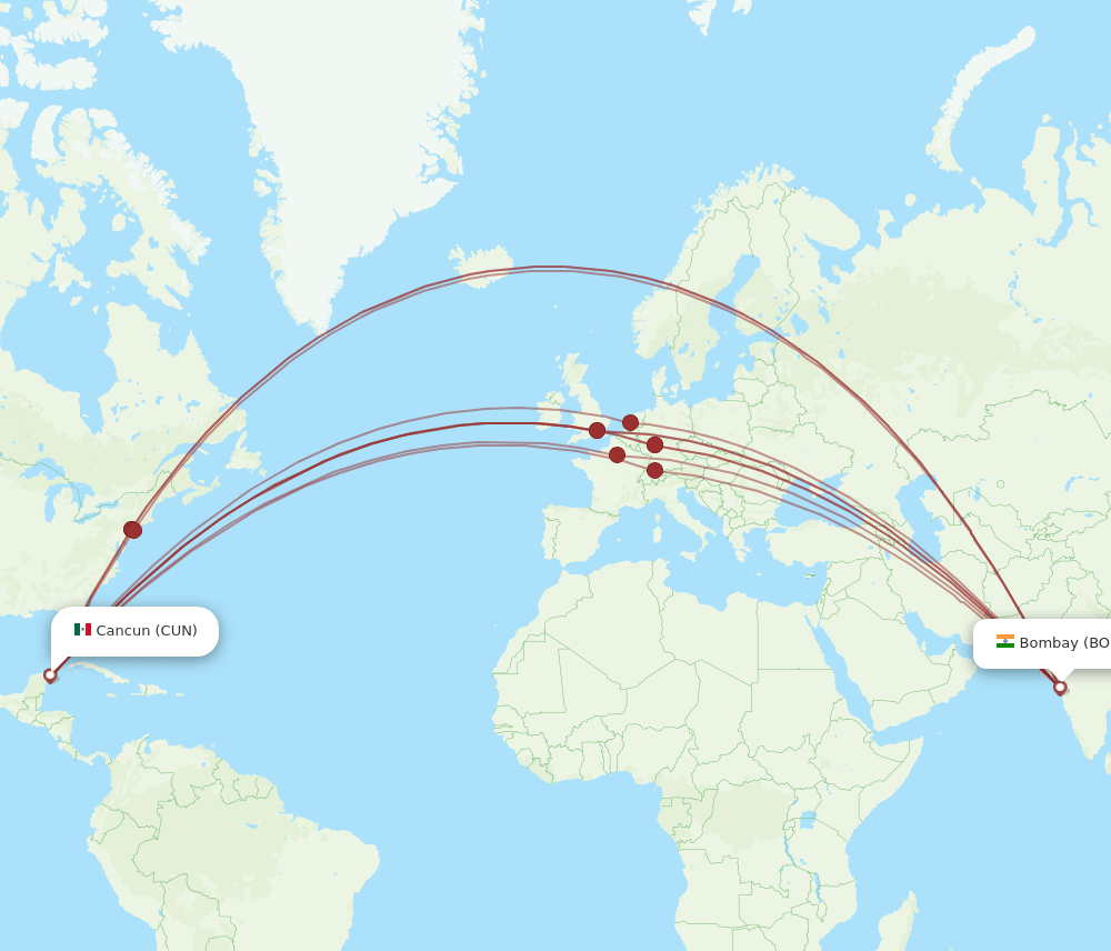 BOM to CUN flights and routes map