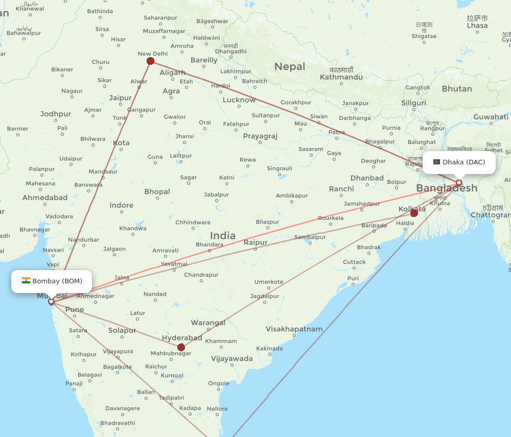 BOM to DAC flights and routes map