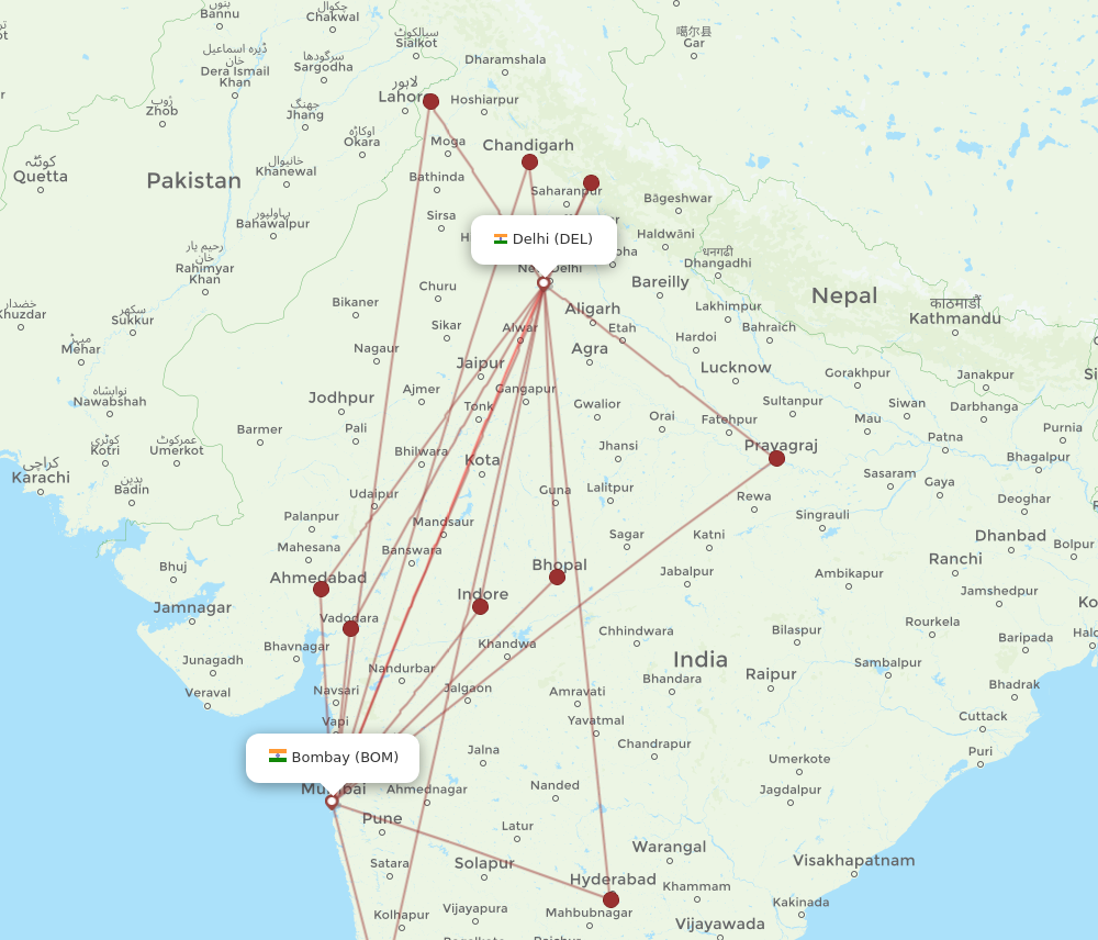 BOM to DEL flights and routes map