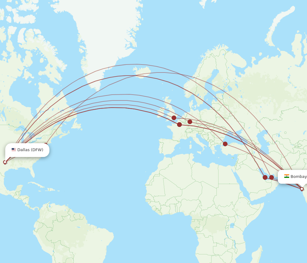 BOM-DFW flight routes