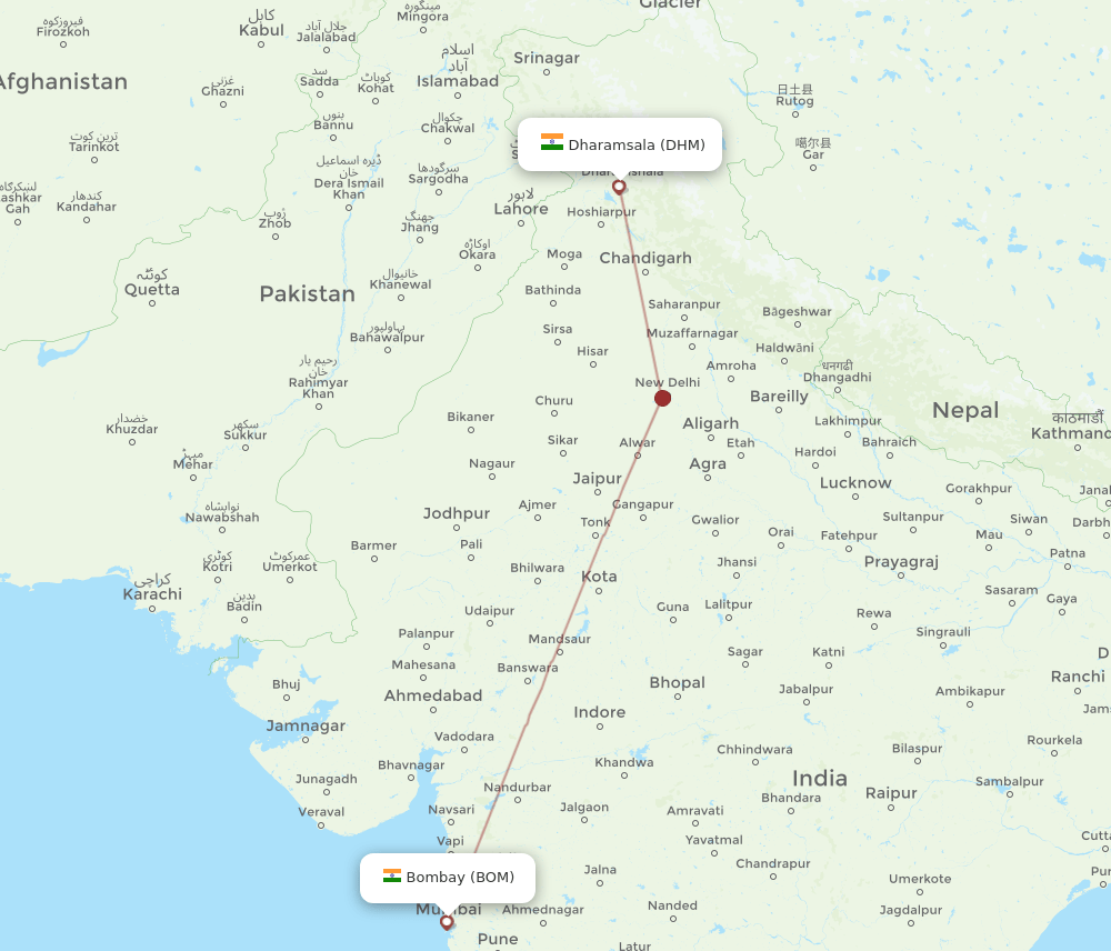 Dharamsala - Mumbai route map and flight paths