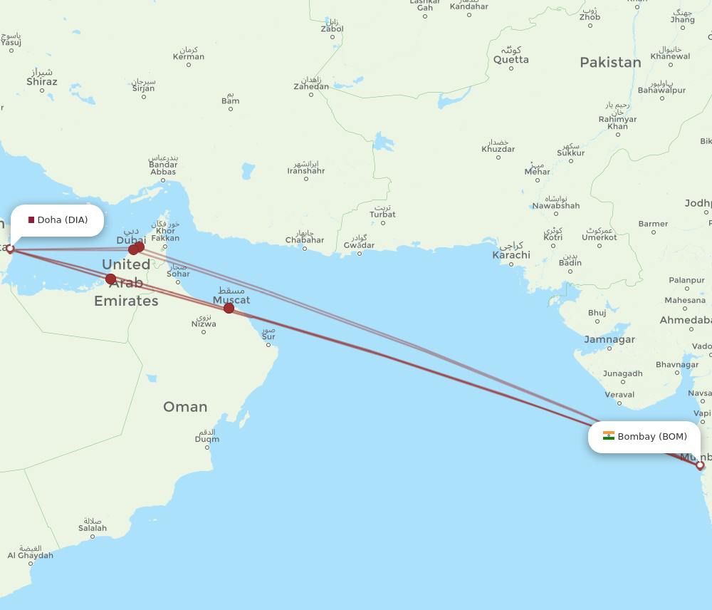 Mumbai - Doha route map and flight paths