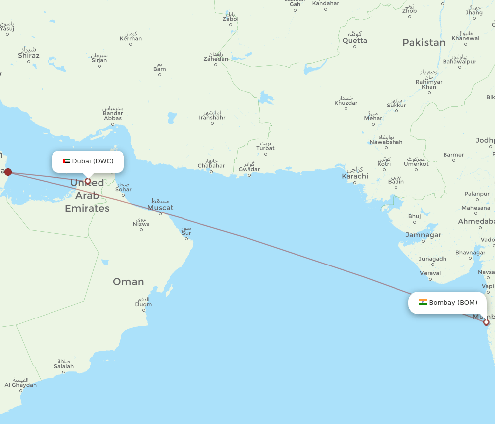 BOM to DWC flights and routes map