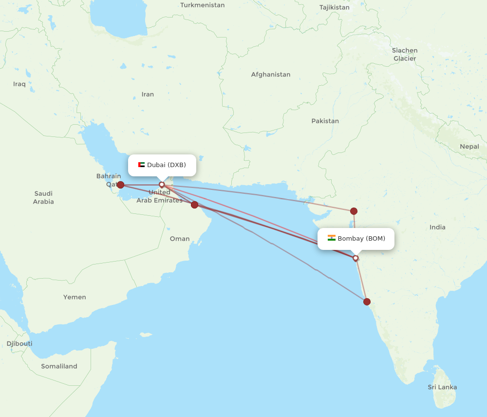 BOM to DXB flights and routes map