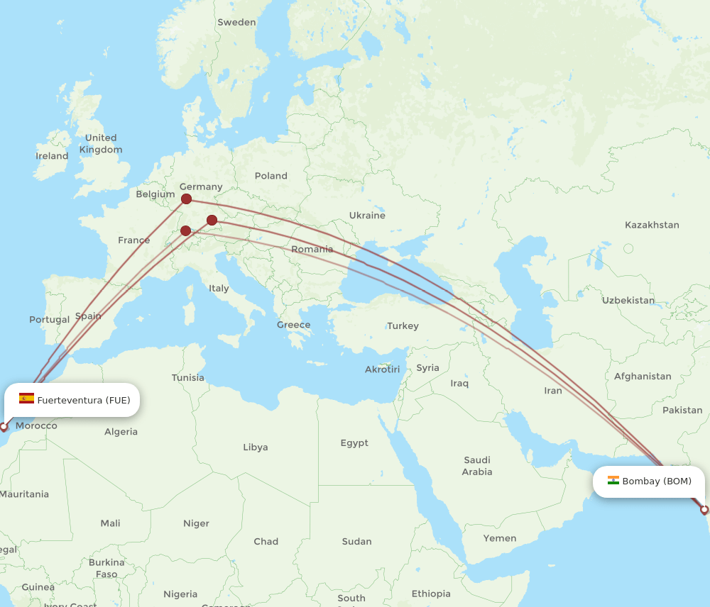 Puerto del Rosario - Mumbai route map and flight paths