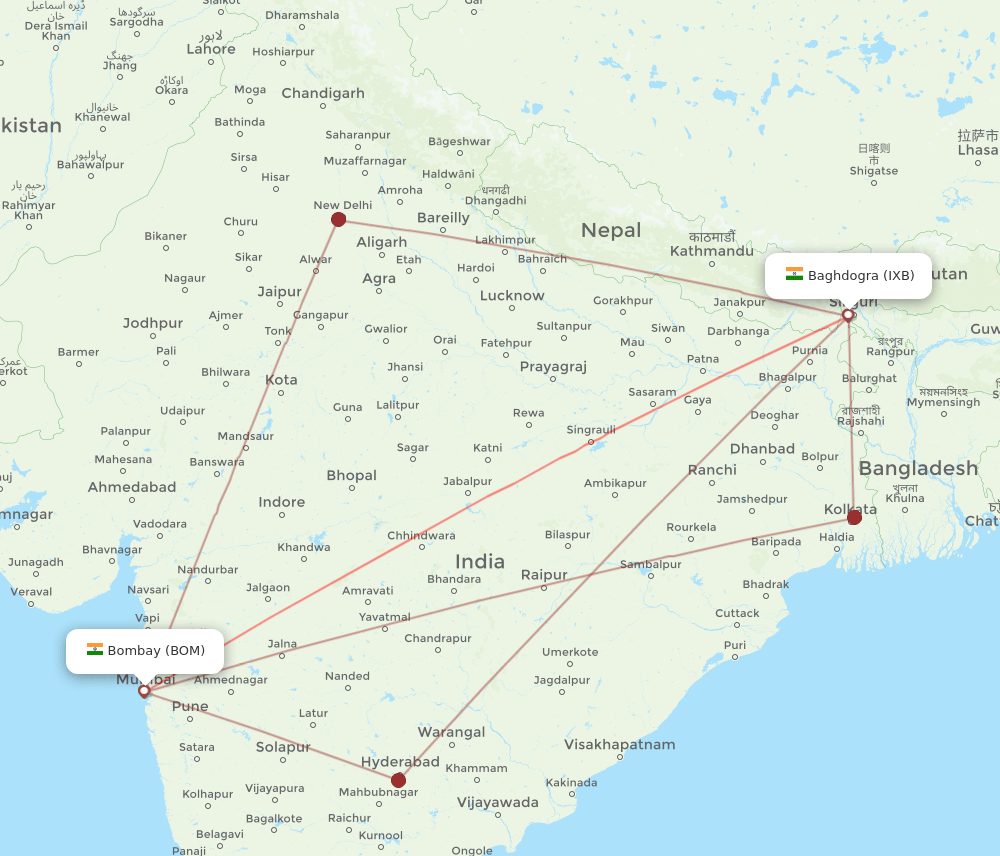 BOM to IXB flights and routes map