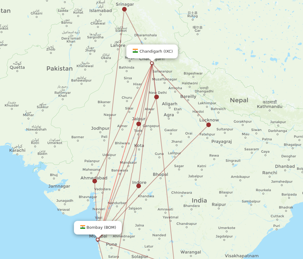BOM to IXC flights and routes map