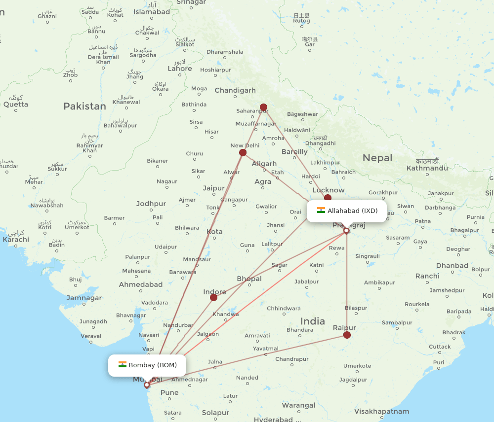 BOM to IXD flights and routes map