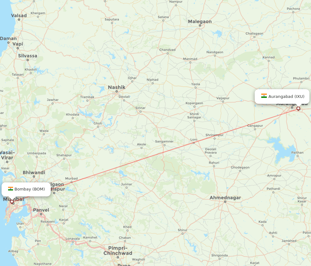 Mumbai - Aurangabad route map and flight paths