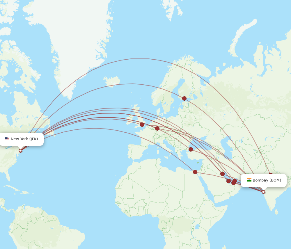 BOM to JFK flights and routes map