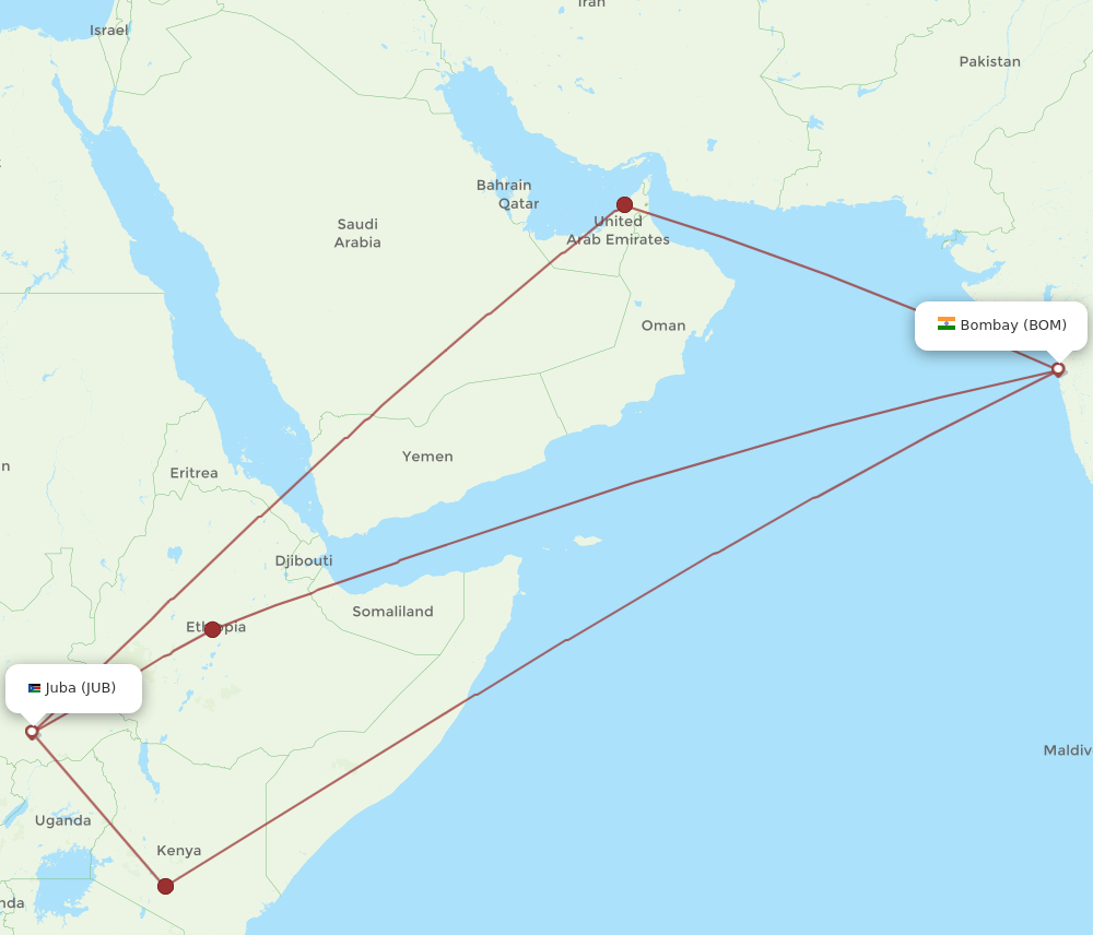 BOM to JUB flights and routes map