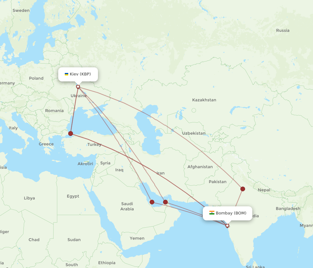 Mumbai - Kiev/Kyiv route map and flight paths