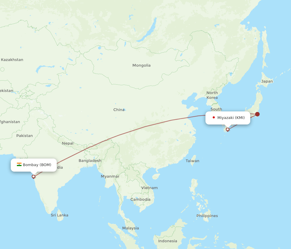 Miyazaki - Mumbai route map and flight paths