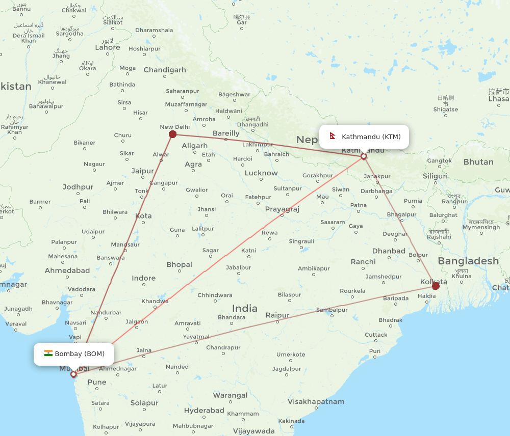 BOM to KTM flights and routes map