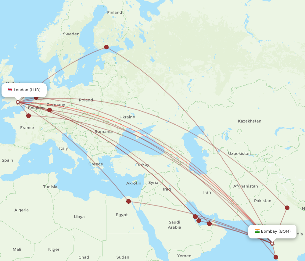 BOM to LHR flights and routes map