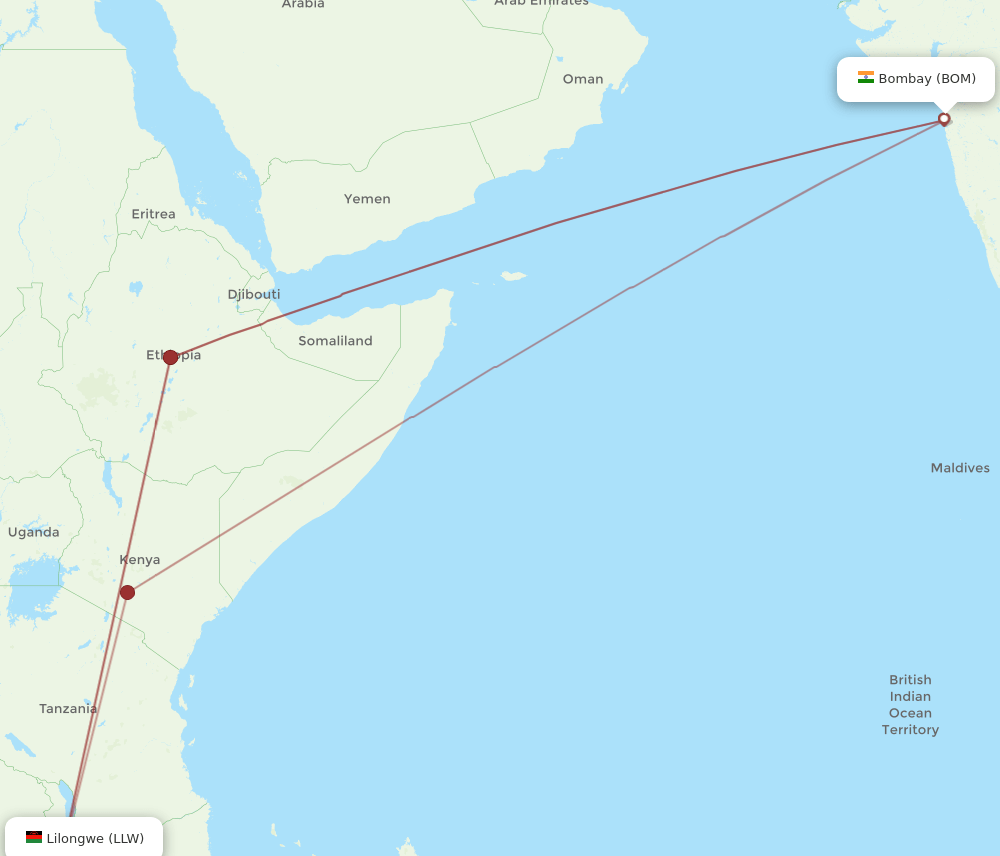 BOM to LLW flights and routes map