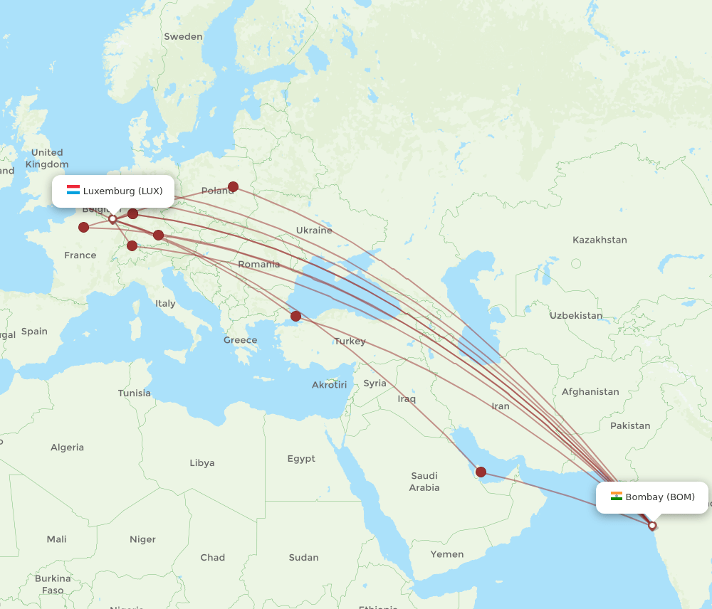 BOM-LUX flight routes
