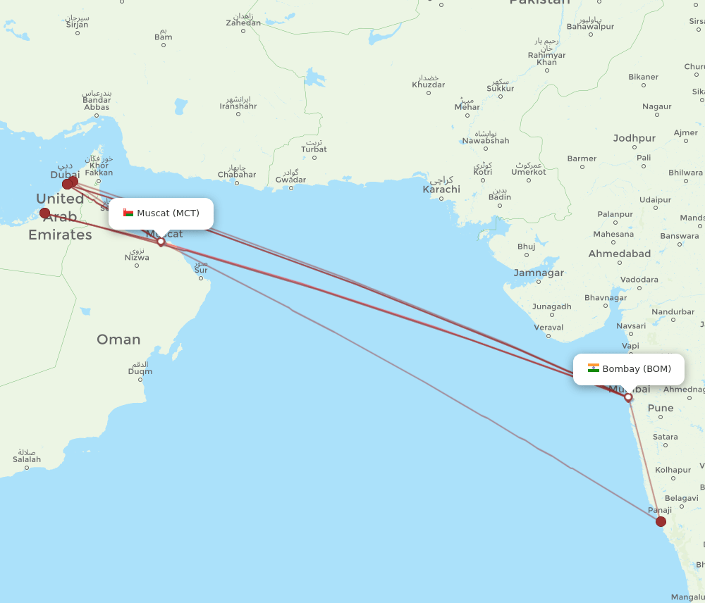 BOM to MCT flights and routes map