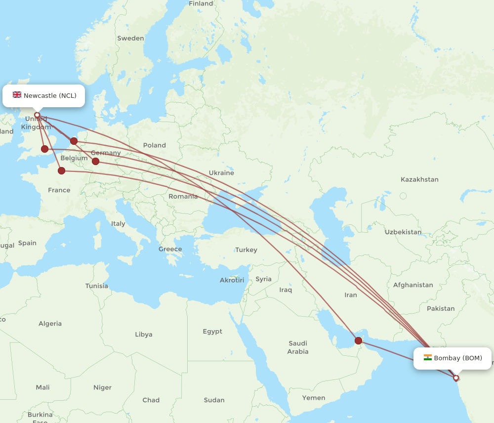 BOM-NCL flight routes