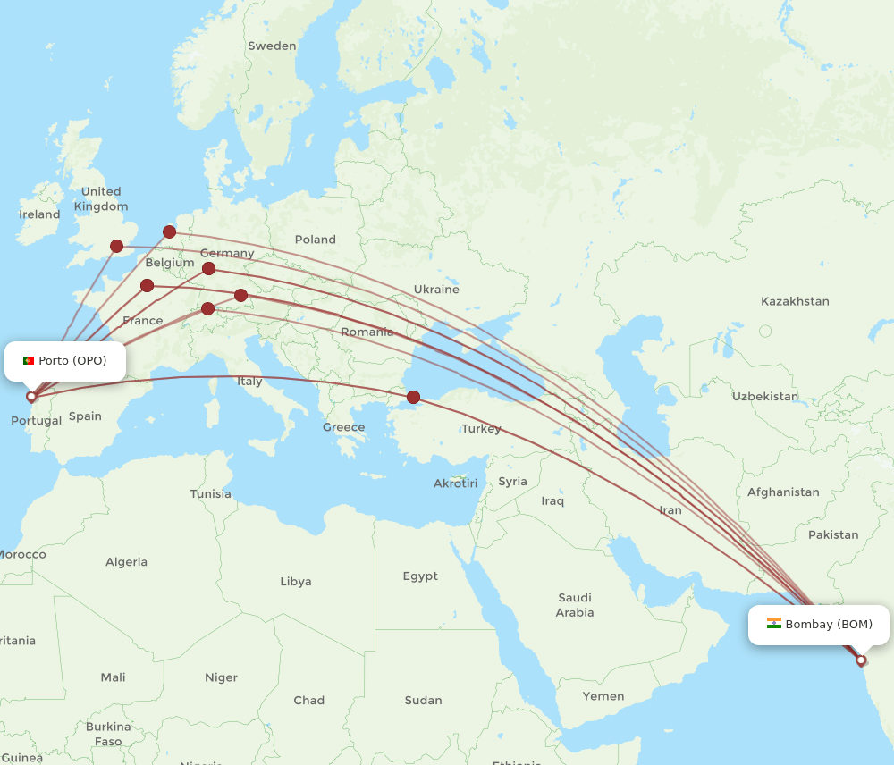 BOM-OPO flight routes