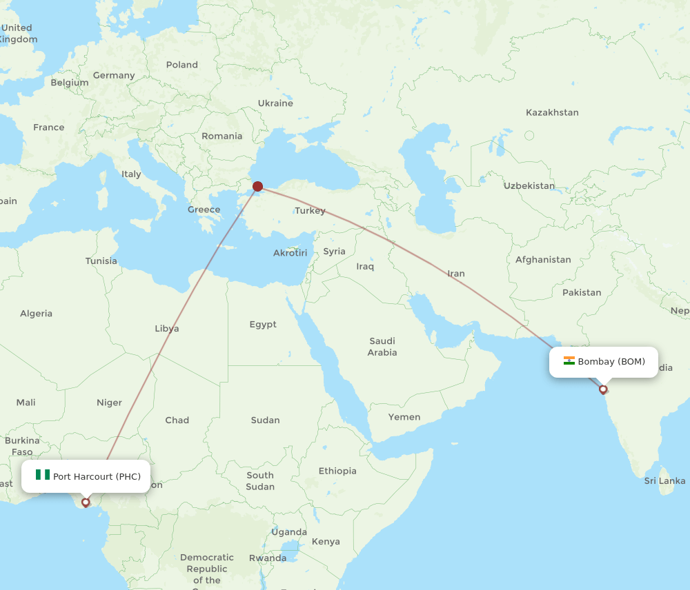 Port Harcourt - Mumbai route map and flight paths