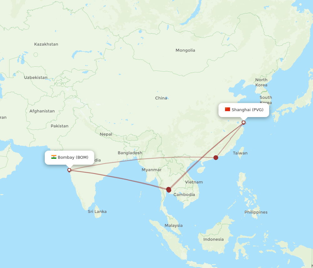 BOM to PVG flights and routes map