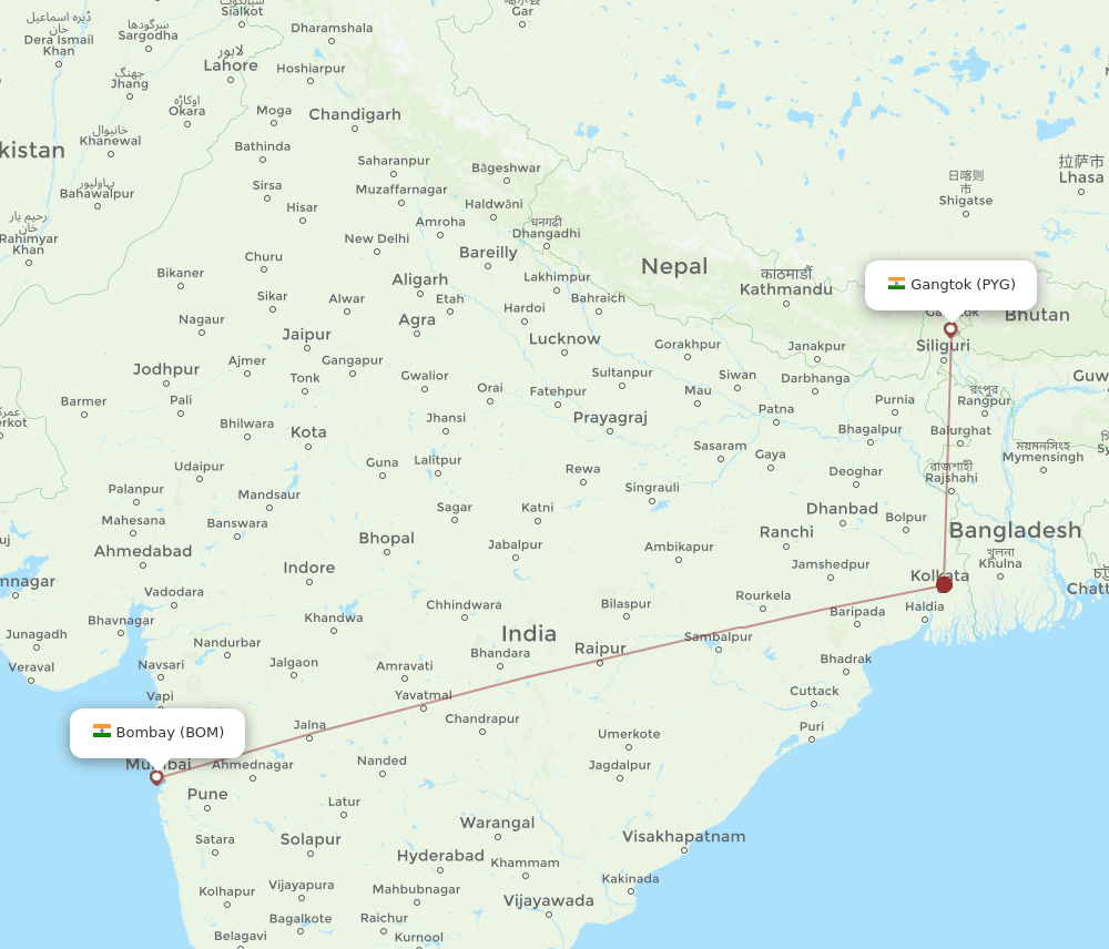 Mumbai - Pakyong route map and flight paths