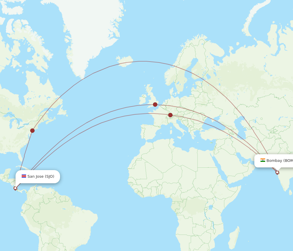 BOM to SJO flights and routes map