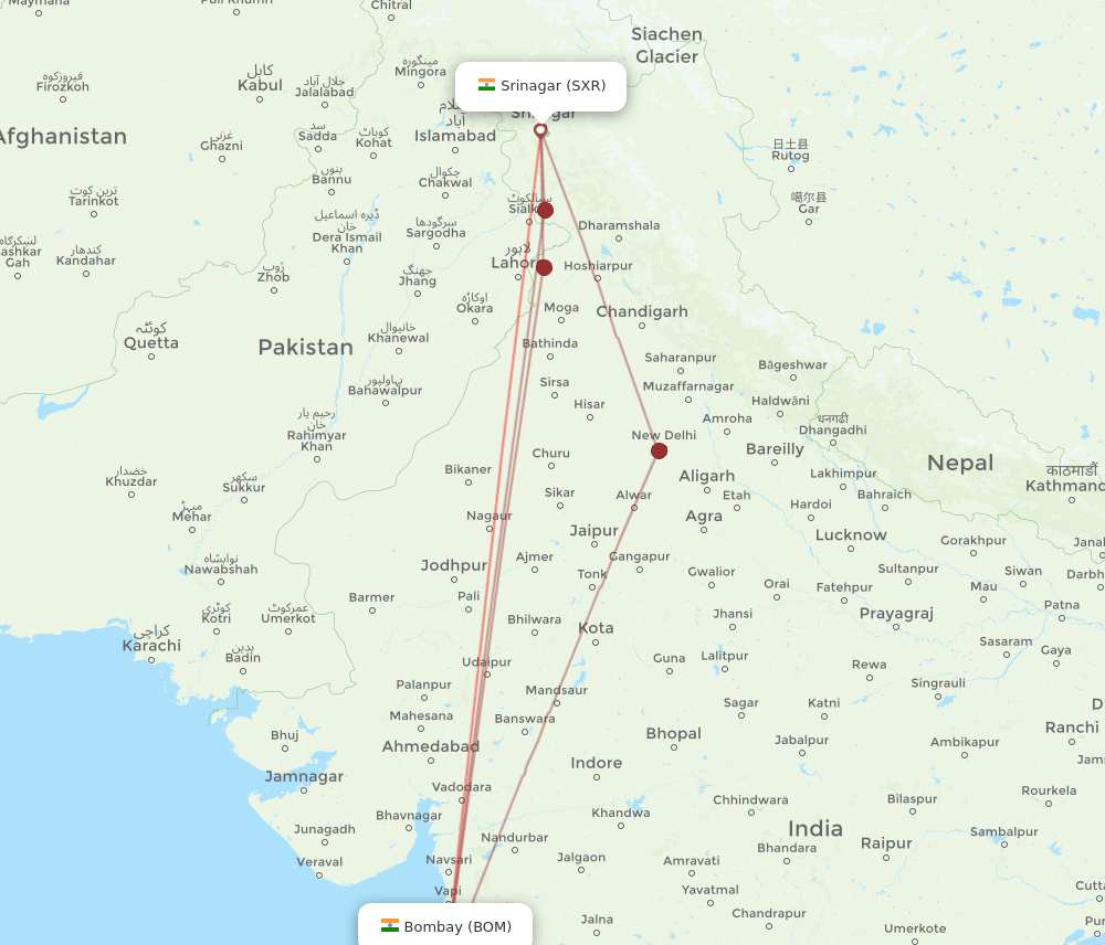 BOM to SXR flights and routes map