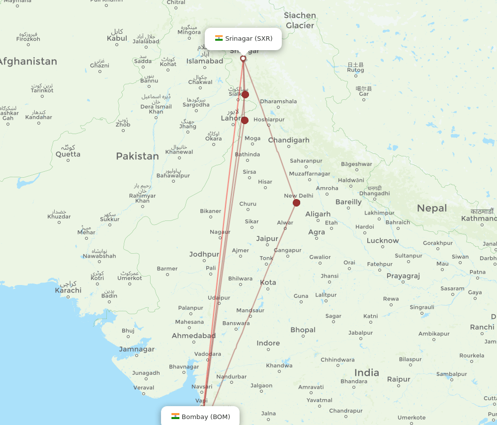 BOM-SXR flight routes