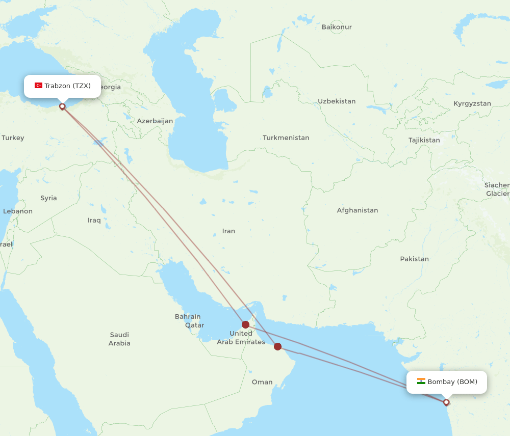 BOM-TZX flight routes