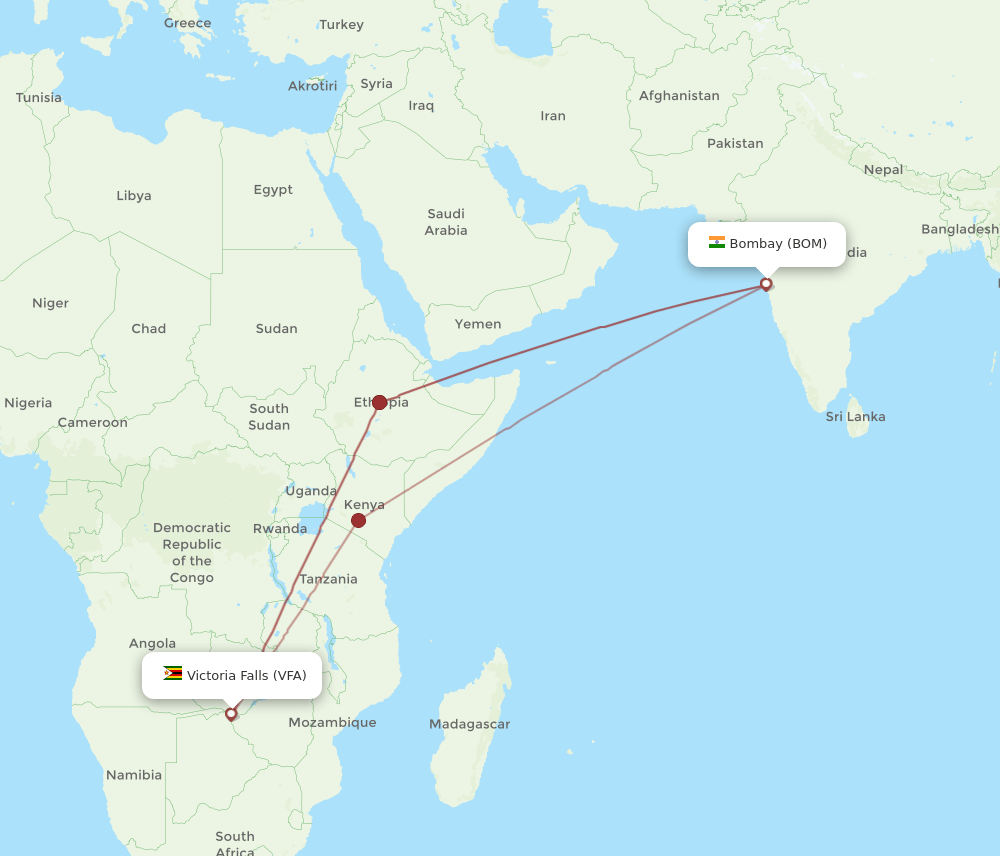 Victoria Falls - Mumbai route map and flight paths