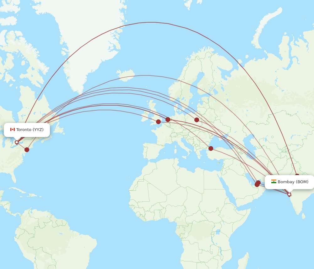 BOM to YYZ flights and routes map