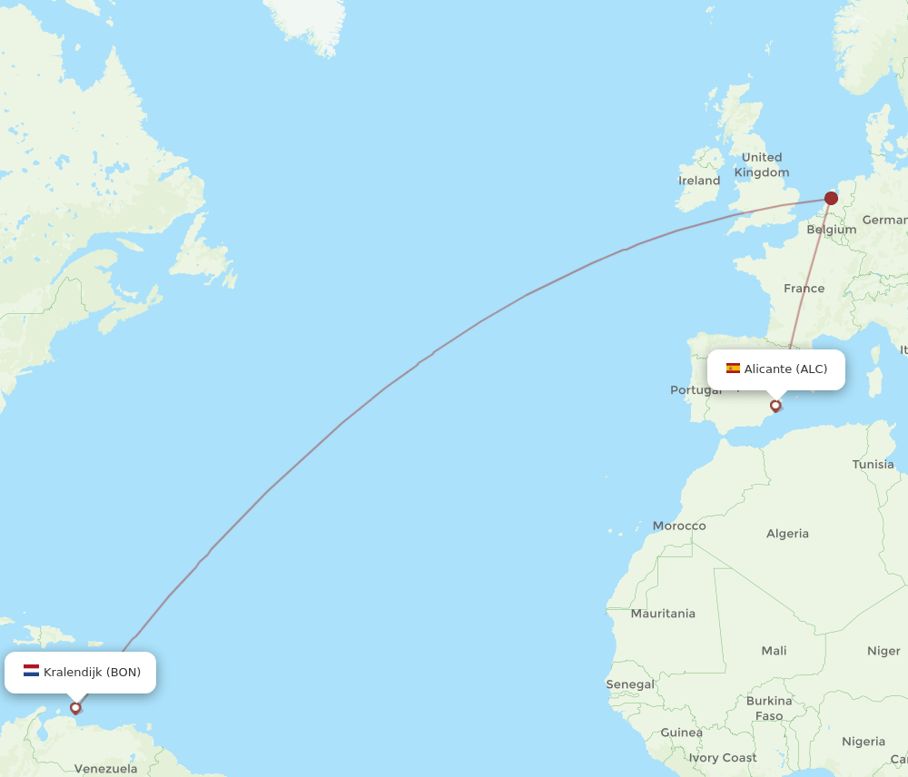 Alicante - Bonaire route map and flight paths