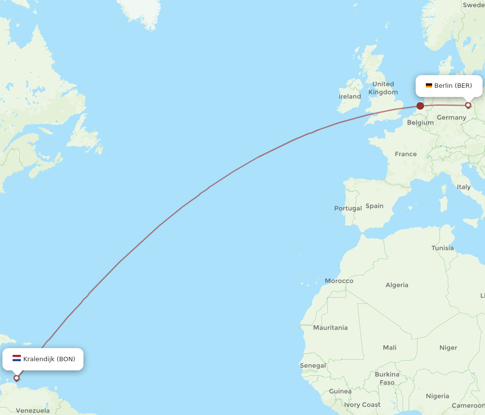 Berlin - Bonaire route map and flight paths