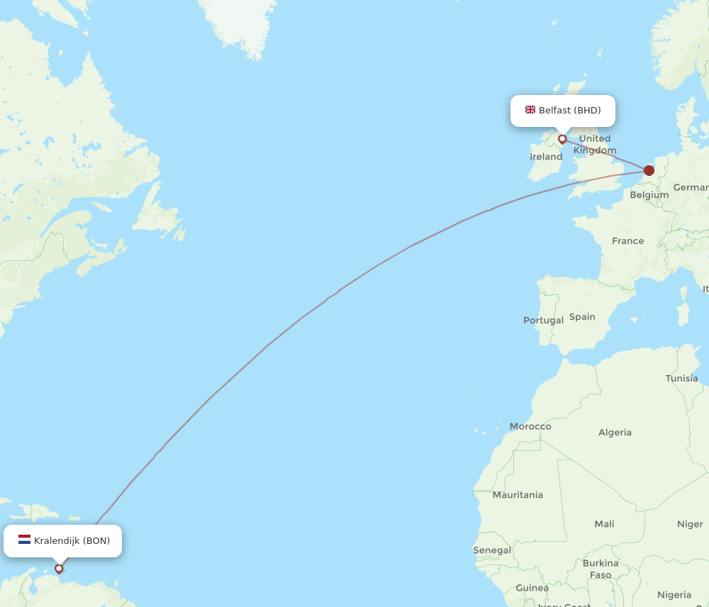 Belfast - Bonaire route map and flight paths