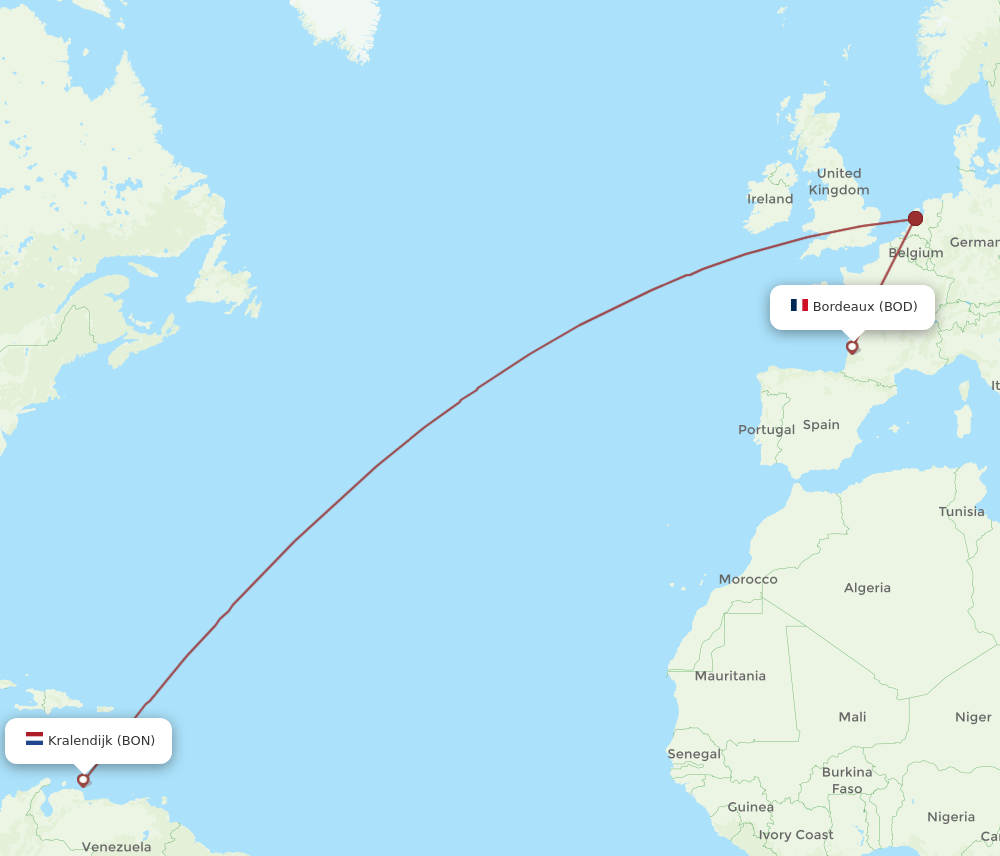 Bordeaux - Bonaire route map and flight paths