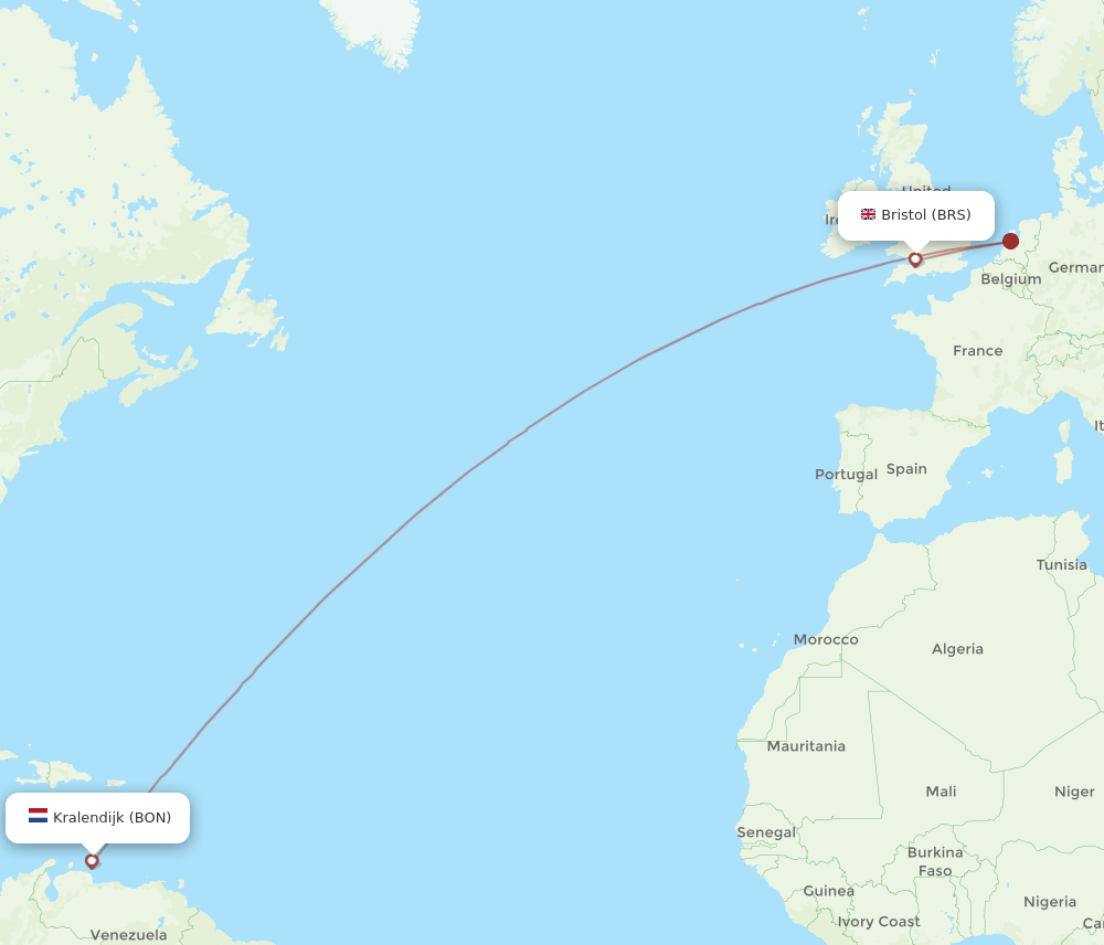 Bristol - Bonaire route map and flight paths