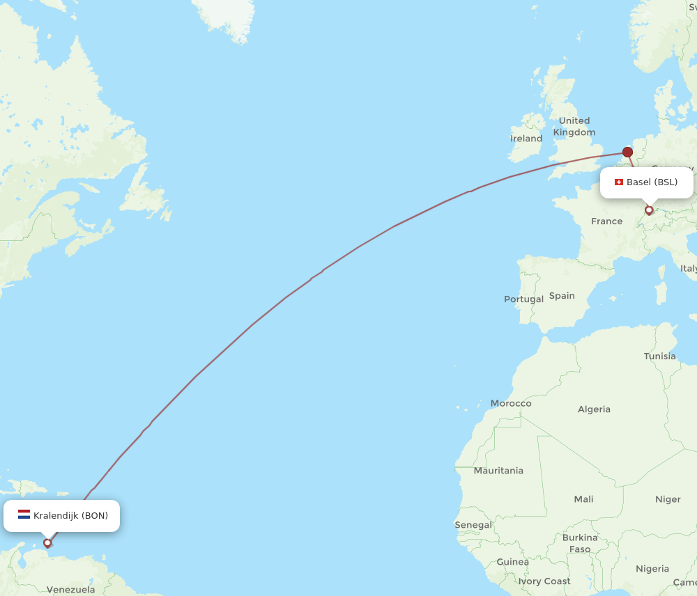 Basel, Switzerland/Mulhouse - Bonaire route map and flight paths