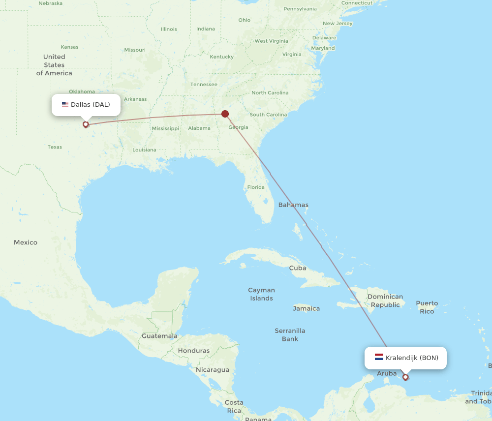 Dallas - Bonaire route map and flight paths